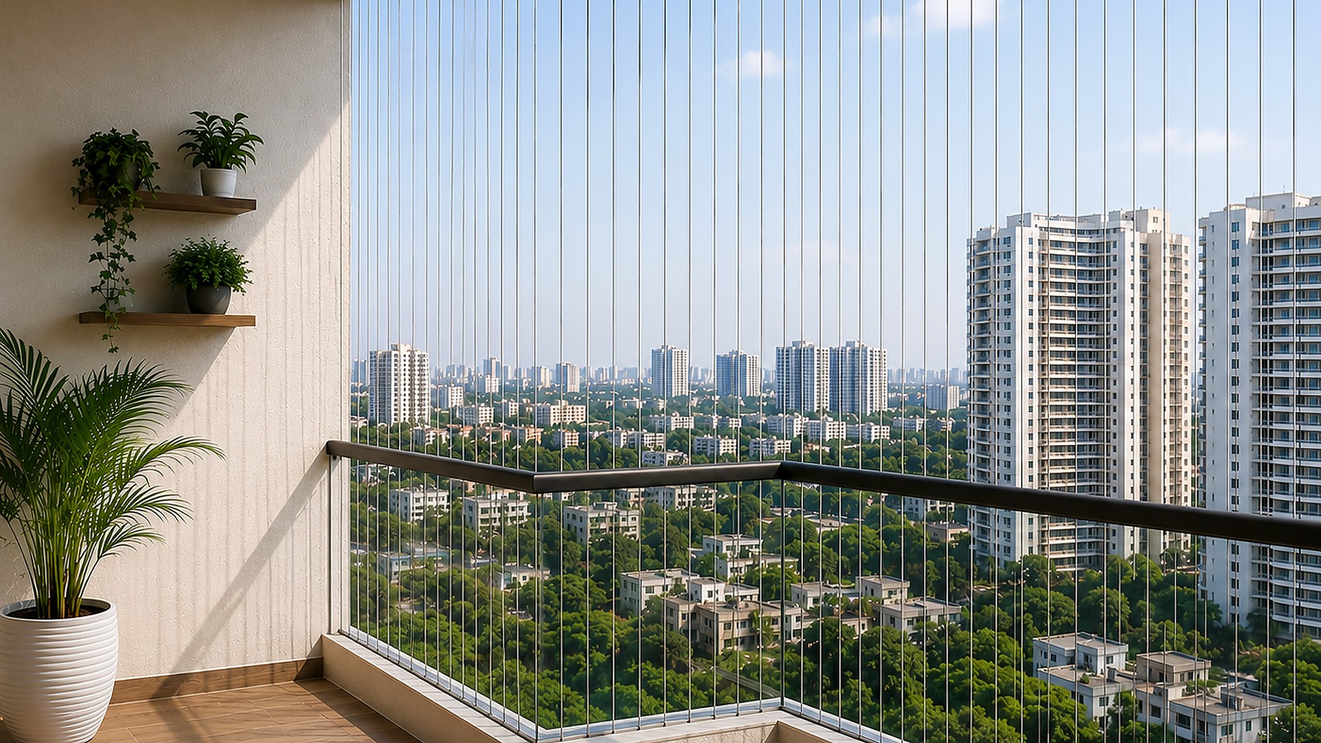 Corner balcony with invisible grills and a city view